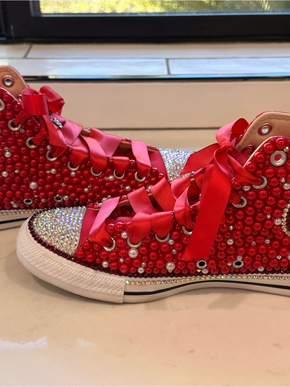 Converse Red Crystal & Pearl High-Top Sneakers - Picture 3 of 8